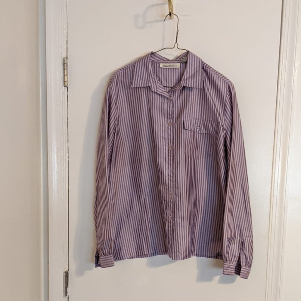 Ilyse Andrew's Lavender Stripped Button Down Blouse Size 14